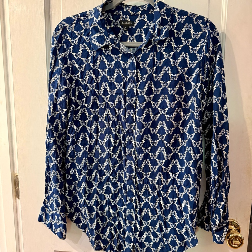 Talbots Navy & White Butterfly Print Button-Down Shirt - Size M, EUC!
